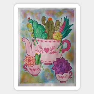 Cactus in a teapot and teacups Sticker